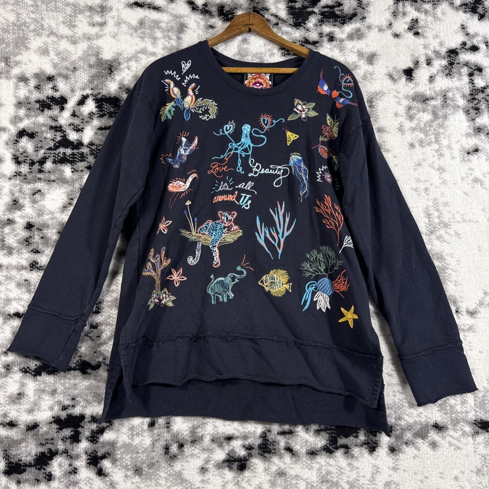 Johnny Was Zoe High-Low Top Womens Small Black Embroidered Tiered